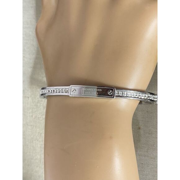 Signed Michael Kors Silver Plated Bangle Bracelet Pave Baguette Swarovski 6.75” - Picture 1 of 8